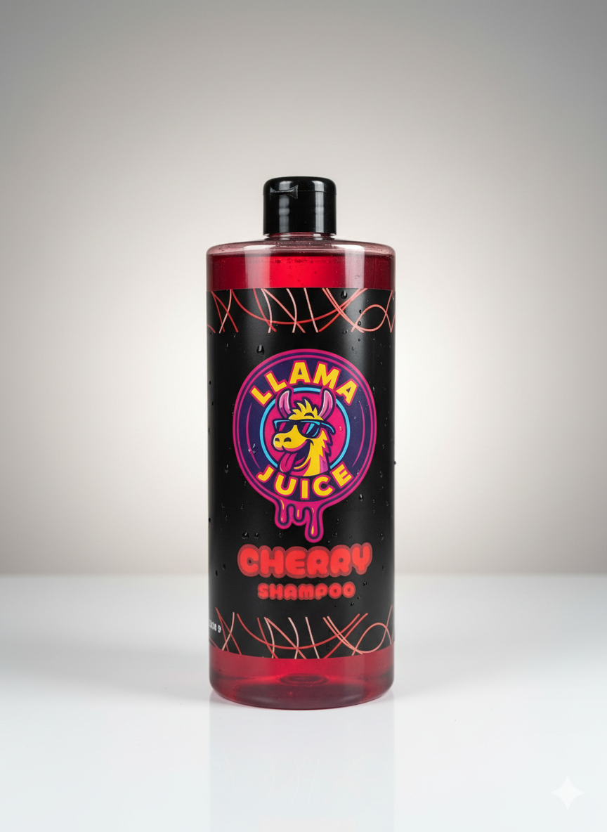 Bottle of Llama Juice Cherry Shampoo on a white background