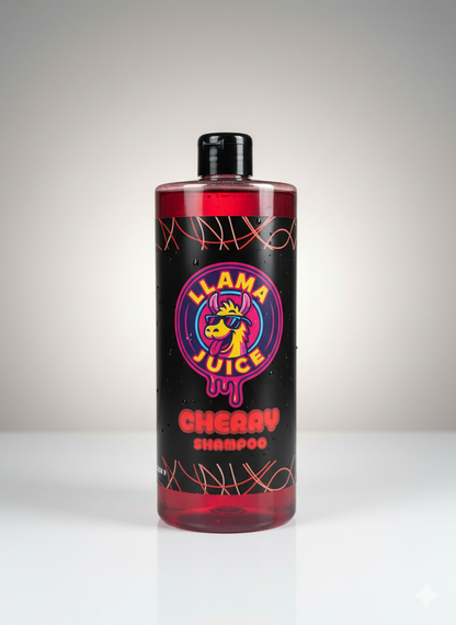 Bottle of Llama Juice Cherry Shampoo on a white background