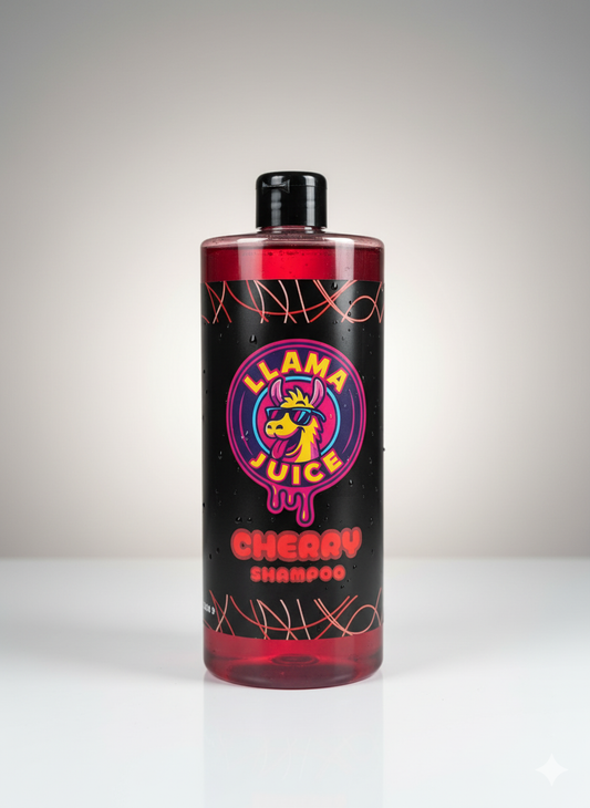 Bottle of Llama Juice Cherry Shampoo on a white background